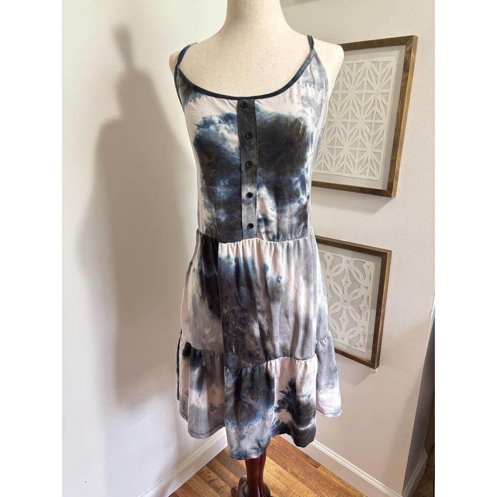 For Justify 2X Tie Dye Dress Blue Gray Button Front Tiered Boho Midi Goth Grunge
